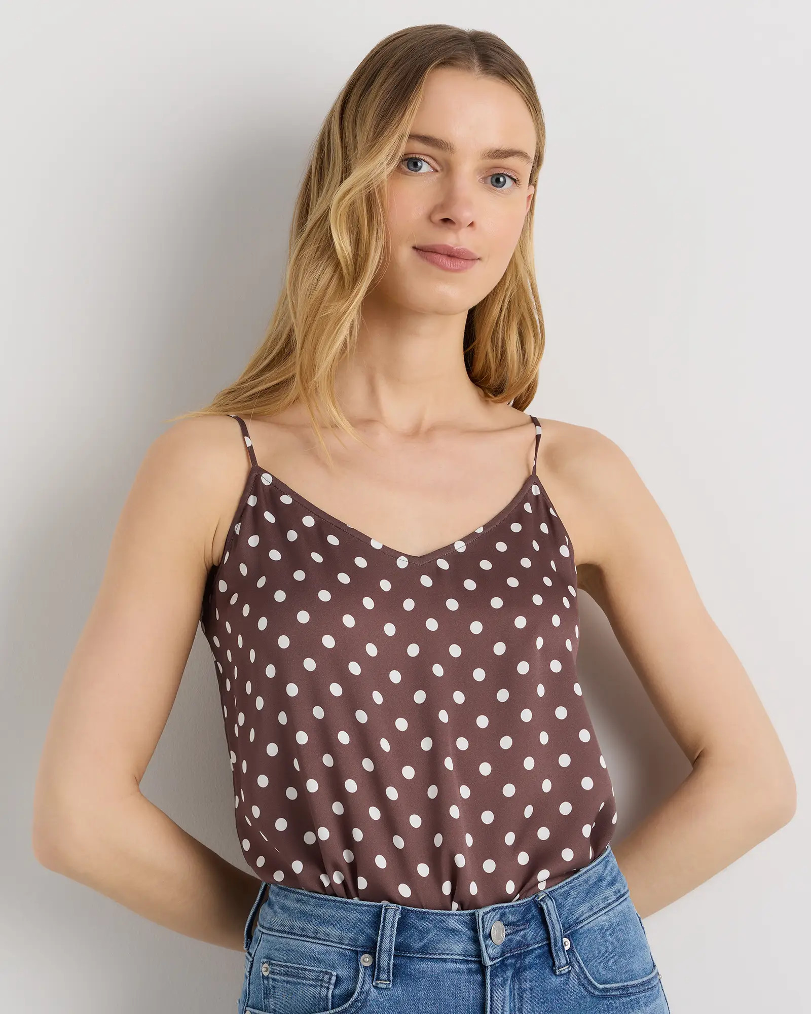 Washable Stretch Silk V-Neck Cami in Mocha Midi Dot | Quince