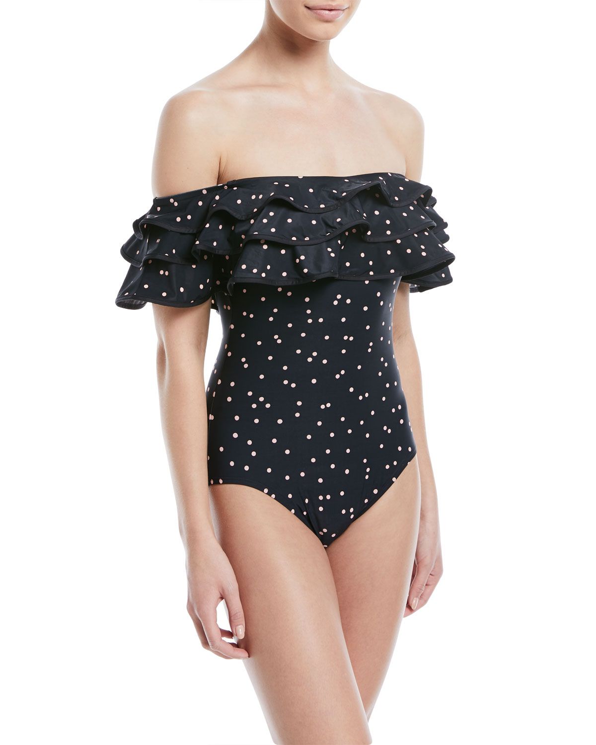 polka-dot ruffled off-the-shoulder one-piece swimsuit | Neiman Marcus