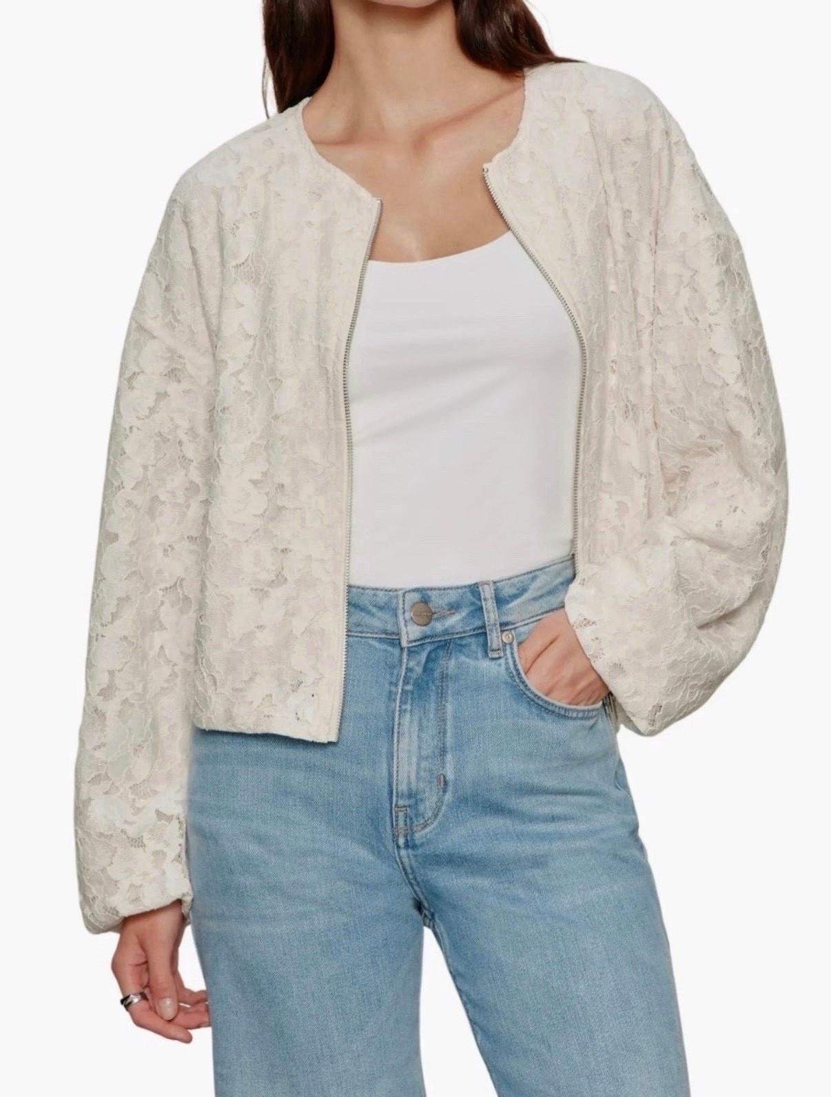 Lace bomber jacket 
Jacket
White jacket 
Jeans 

#LTKSeasonal #LTKdayinmylife