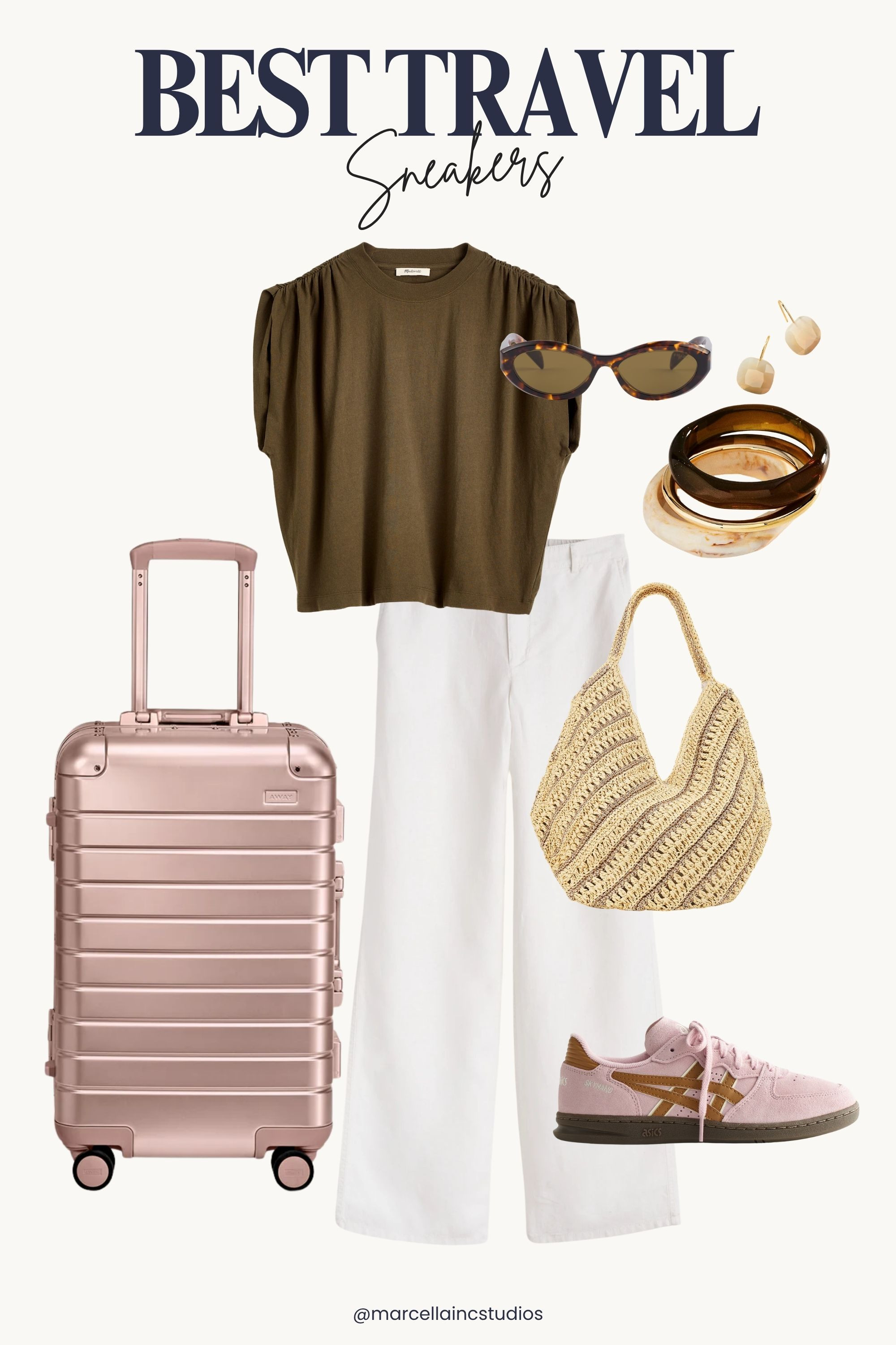 Business Casual Travel Outfit with the best travel sneakers:  Asics.  Wide leg pants are comfy and dressy with Madewell Top and elevated Away luggage in rose gold. #traveloutfit #travelformula #airportoutfit #asics #businesscasual 

 

#LTKootd #LTKWorkwear #LTKTravel