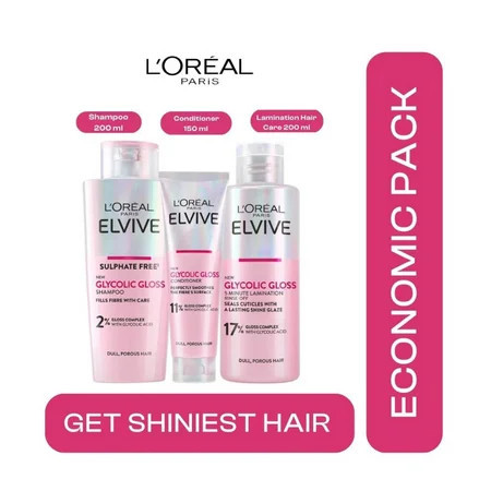 Loreal Paris Elseve (Elvive) Glycolic Gloss 3 Economic Pack Shampoo Conditioner and Lamination Hair Care Set | Walmart (US)