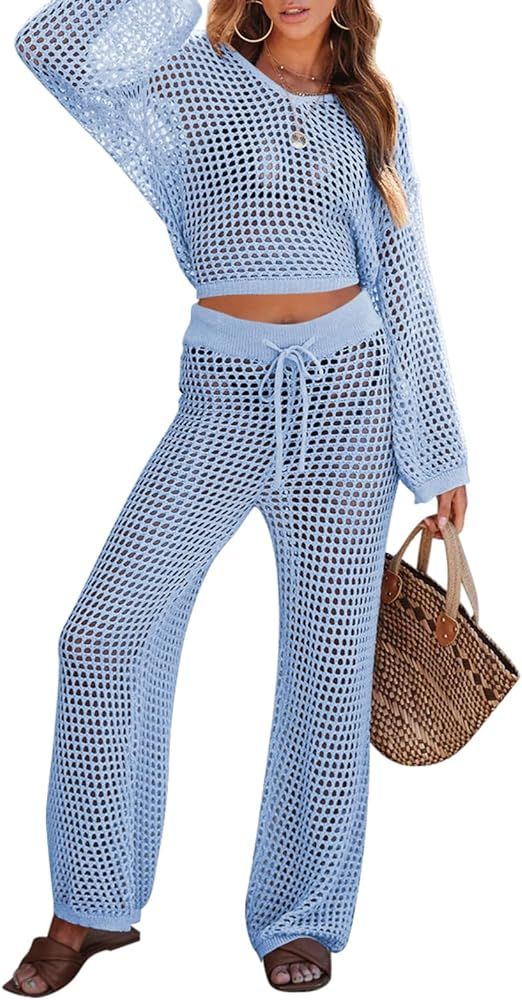 Pink Queen Women's Swimsuit Cover Up Set 2 Piece Crochet Long Sleeve Crop Top Wide Leg Pants Beac... | Amazon (US)