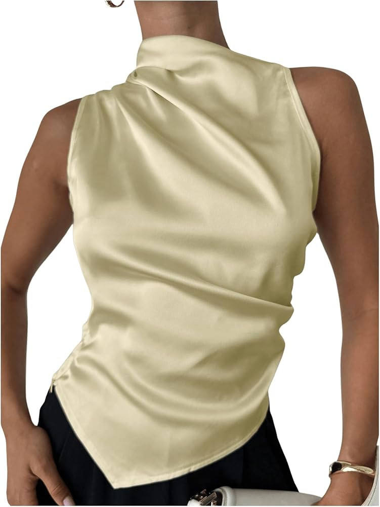 SweatyRocks Women's Satin Mock Neck Blouse Sleeveless Ruched Asymmetrical Fitted Office Tops | Amazon (US)