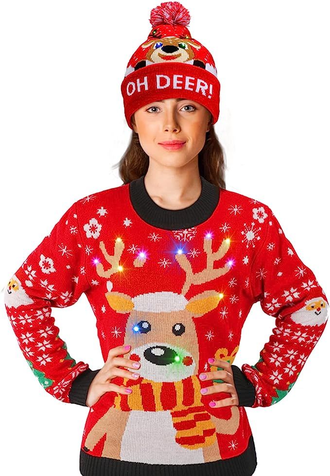 2 Pcs LED Light up Christmas Sweater Christmas Hat Reindeer Hat Knit Sweaters for Adults Unisex W... | Amazon (US)