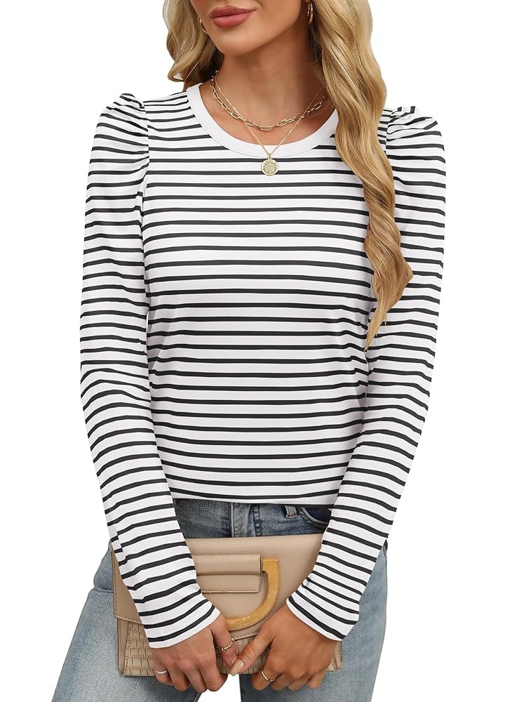 ANRABESS Womens Puff Long Sleeve Shirts Crewneck Fall Tops Basic Dressy Casual Blouses 2025 Trend... | Amazon (US)