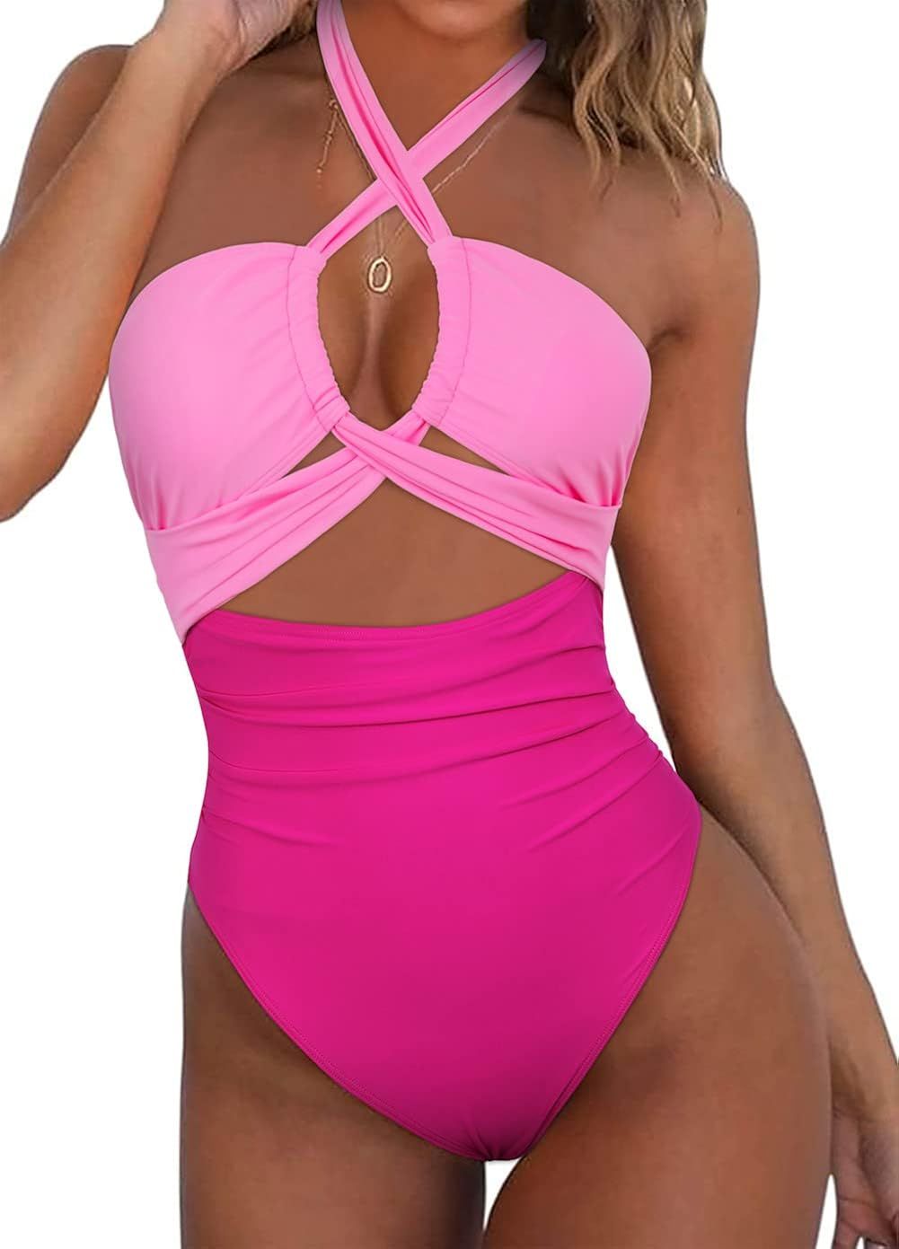 Hilor Women's One Piece Swimsuit Sexy Cutout Halter Bathing Suits Crossover High Cut Monokini Swi... | Amazon (US)