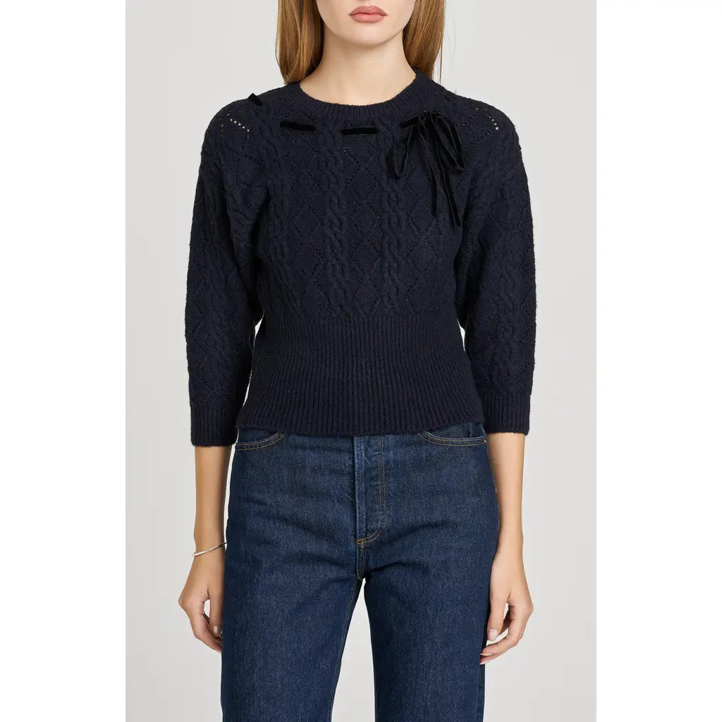 WAYF x Sara Walker Miranda Velvet Pointelle Sweater in Navy at Nordstrom Rack, Size Small | Nordstrom Rack