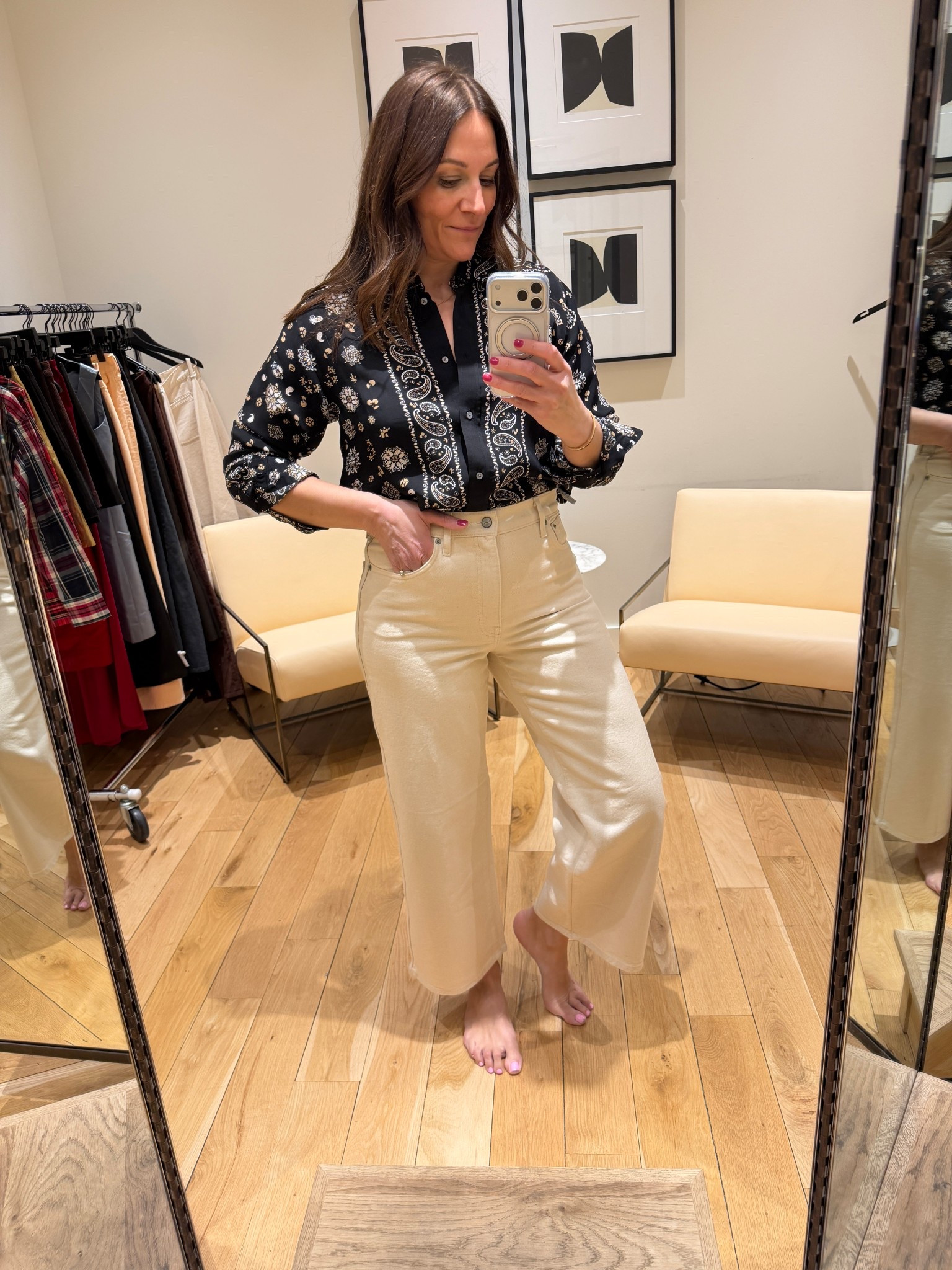 Bandanna print shirt and ecru wide leg jeans.   

#LTKMidsize #LTKSaleAlert #LTKOver40