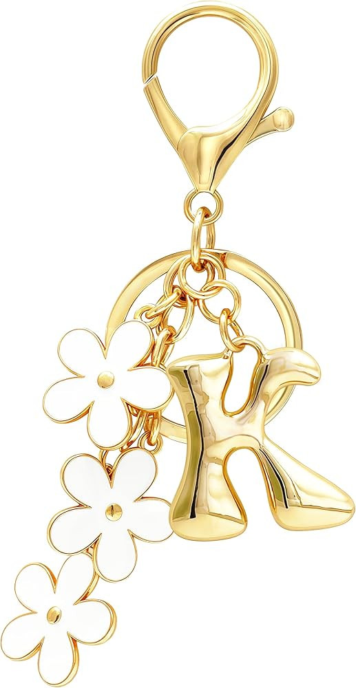 Gold Bubble Letter Keychain, Initial Bag Charms for Handbags, Cute Flower Purse Accessories for W... | Amazon (US)