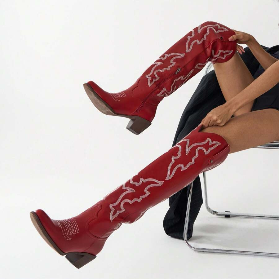 A Pair Red Cowboy Boots For Women Embroidered Fashion Classic Cowgirl Western Boots With Chunky H... | SHEIN