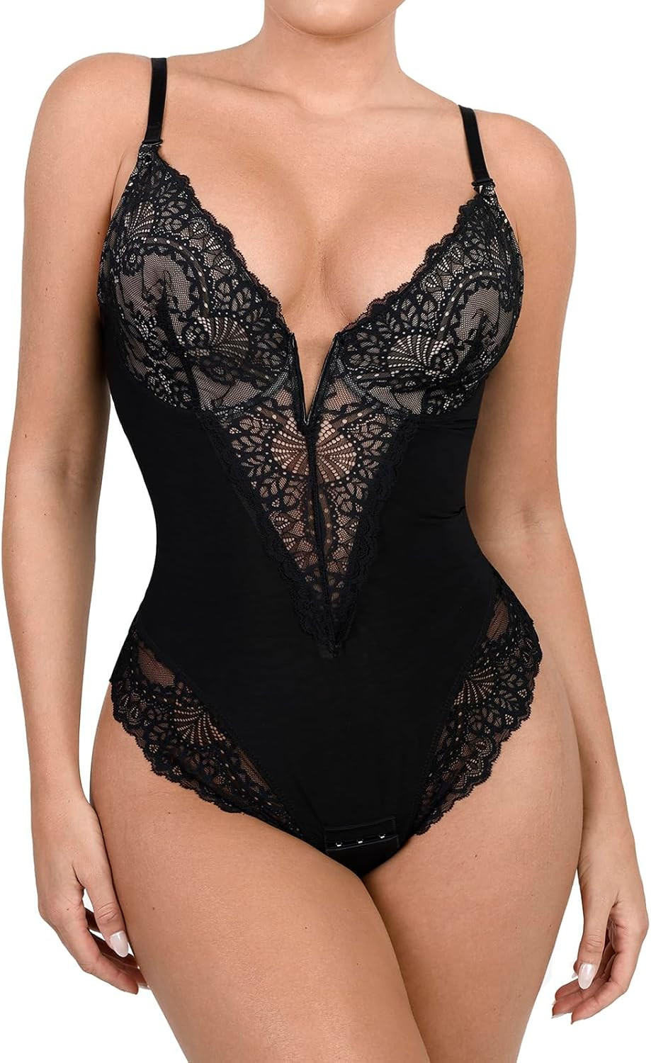 Popilush Lace Shapewear Bodysuit Women V Neck Tummy Control Backless Tank Tops Body Suit Thongs | Amazon (US)