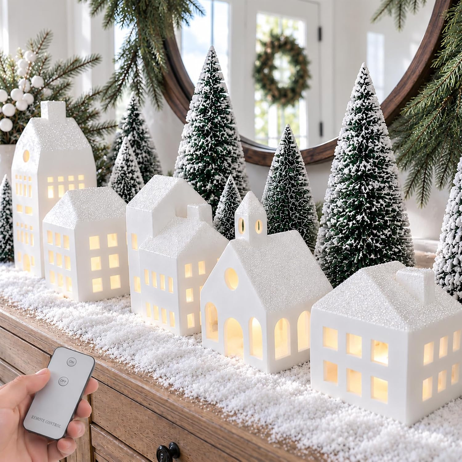 Christmas Decorations - Christmas Decorations Indoor - Christmas Village Sets of 5 Lighted Ceramic Houses with Remote Control & 9 Trees - White Xmas Holiday Farmhouse Rustic Decor for Home Table Room | Amazon (US)