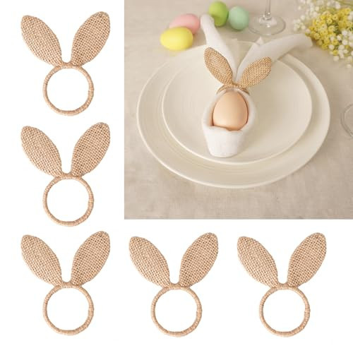Utalek Easter Napkin Rings Set of 6, Burlap Jute Bunny Ear Napkin Rings, Rabbit Ear Napkin Ring Holders for Easter Party Banquet Dinning Spring Table Decoration | Amazon (US)