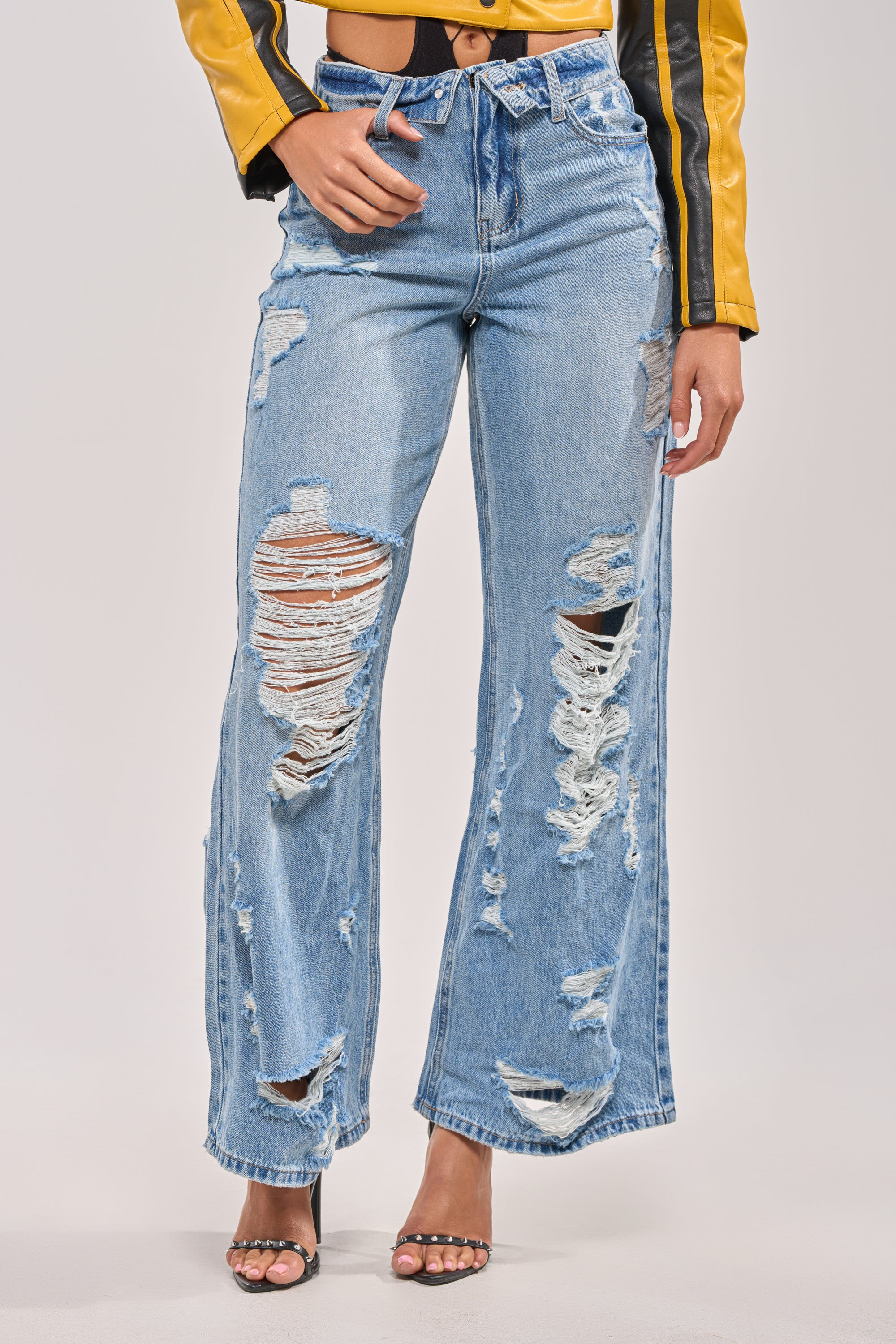 SOMETHING NEW FOLD OVER WAISTBAND DISTRESSED DENIM | AKIRA