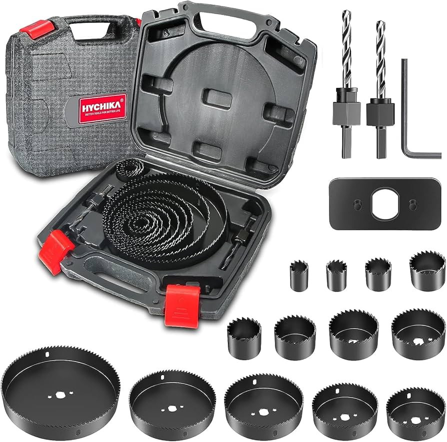 Hole Saw Set HYCHIKA 19 Pcs Hole Saw Kit with 3/4"-6"(19-152mm) 13Pcs Saw Blades, 2 Mandrels, 2 Drill Bits, 1 Installation Plate, 1 Hex Key, Ideal for Soft Wood, Plywood, Drywall, PVC | Amazon (US)