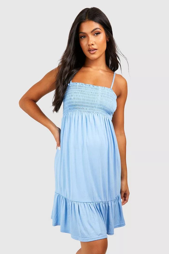 Maternity Shirred Smock Mini Dress | Blue Maternity Dress | Boohoo.com (US & CA)