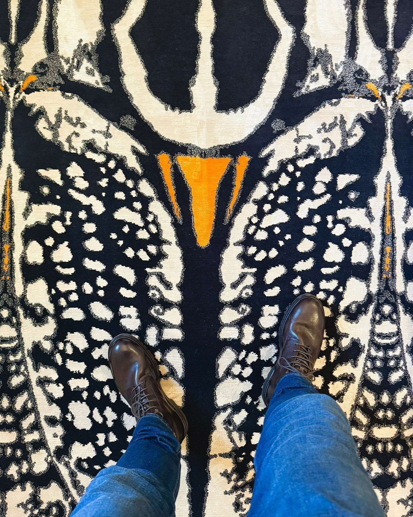 Upper Gallery Upgrade! It took us over a year of living in the house before we figured out what to do with the landing at the top of the stairs. Sure, we could have left it alone but what’s the fun in that! 🤷‍♂️ Scroll to the last photo for the before picture. It was just kind of boring. Not anymore! 

I’m on a mission to replace all our can lights with decorative fixtures and this space provided the perfect opportunity. The recessed lights on the ceiling in this space are gone, in their place are three flush mounted fixtures by Urban Electric Company in black iron and brass, chosen to match the custom stair railing.

The bold rug is Alexander McQueen for The Rug Company. The walls, ceiling and panelling are all painted Benjamin Moore #SwissCoffee and the black door is Sherwin Williams #TricornBlack.  It’s still a work in progress, we are waiting on a chair for the corner to finish off the space. ⁣
.⁣
.⁣
.⁣
.⁣
.⁣
#rug #therugcompany #lightingideas #decorativelighting #design #flushmount #lightinginspiration #modernlighting #luxurylighting #carpet #interiordesign #lighting #rugsofinstagram #designerlighting #lightingdesign #homedecor