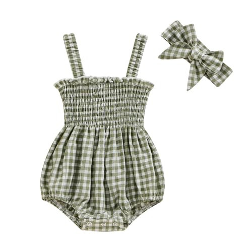 FOMOYUU Newborn Baby Girl Romper Summer Sleeveless Smocked Cotton Linen Clothes Outfit with Headband (Green Plaid, 0-3 Months) | Amazon (US)
