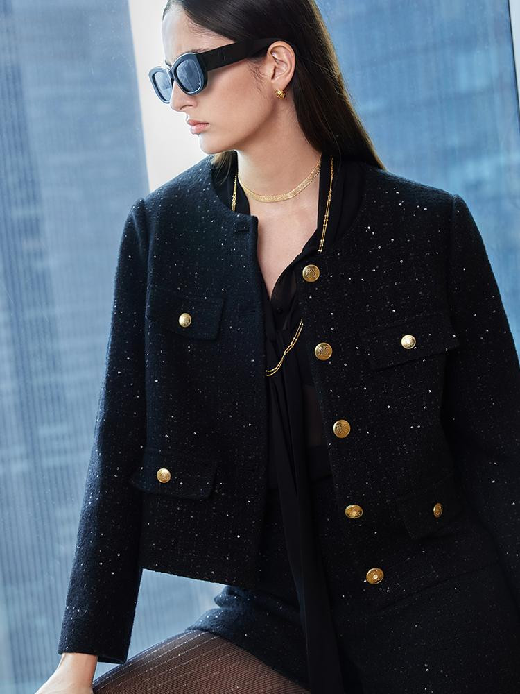 Elegant Black Tweed Cropped Women Jacket | GOELIA