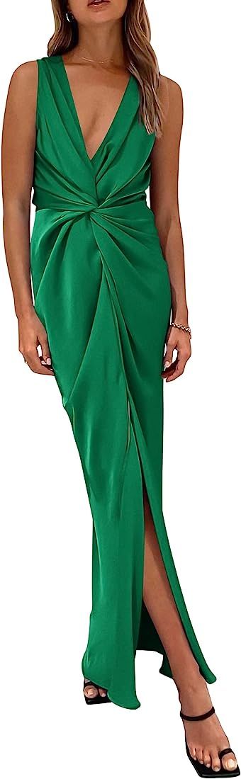 PRETTYGARDEN Women's Satin Ruched Bodycon Dress Summer 2023 Twist Front V Neck Sleeveless Split Maxi | Amazon (US)
