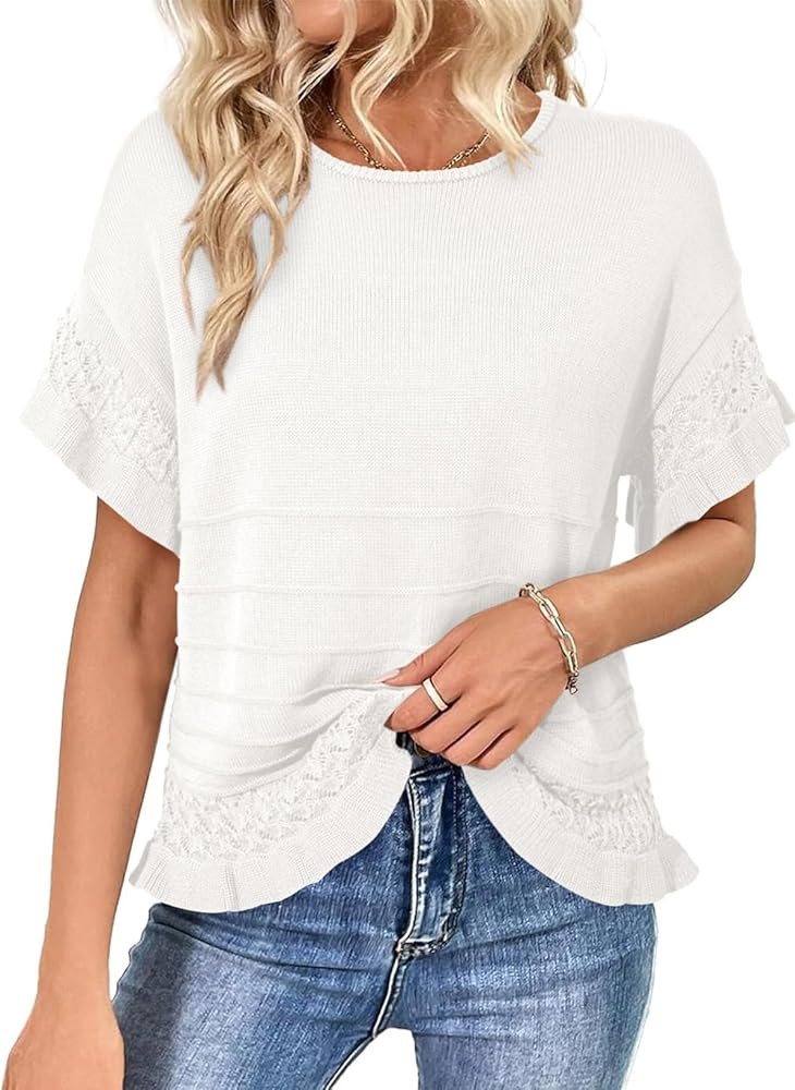Dokotoo Women’s Short Sleeve Sweaters Tops Oversized Summer Casual Ruffled Hem Knit Pullover Cu... | Amazon (US)
