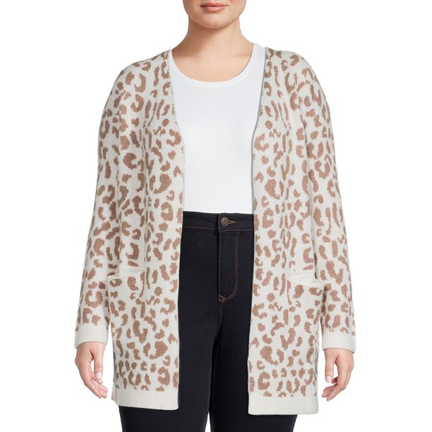Absolutely Famous Women's Plus Size Leopard Print Jacquard Cardigan - Walmart.com | Walmart (US)