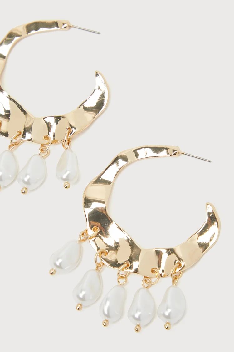 Exceptional Appearance Gold Pearl Hammered Hoop Earrings | Lulus