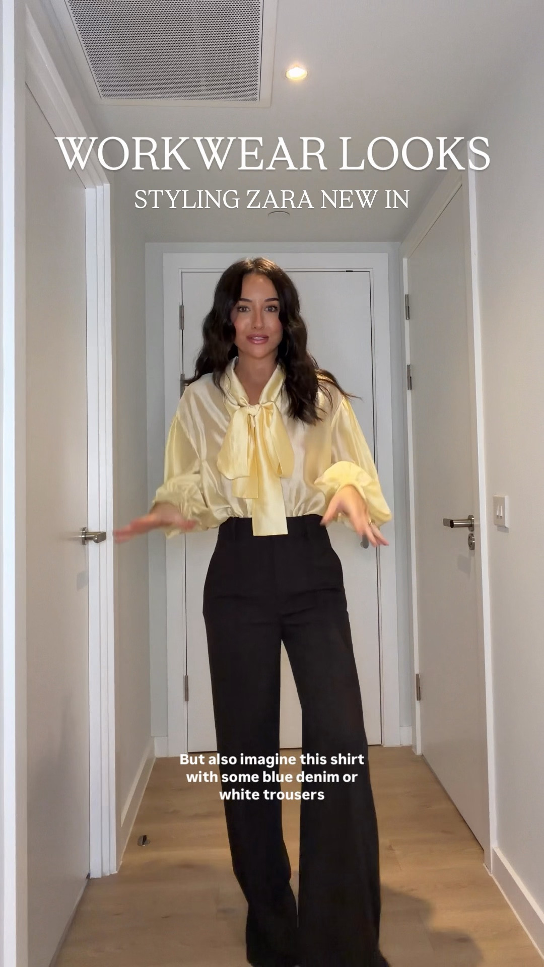 Workwear styling 👜 
SIZING 👇🏼  I’m 5’6” for reference 
Look 1 –
Bow shirt: XS
Chocolate trousers: XS

Look 2 –
Pink shirt: XS
Beige trousers: XS

Look 3 –
Blazer: XS
Black pants: 25R 

#LTKspring #LTKworkwear #LTKstyletip