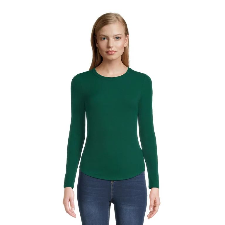 No Boundaries Women's Juniors Ribbed Crewneck Tee with Long Sleeves, Sizes XS-XXXL | Walmart (US)