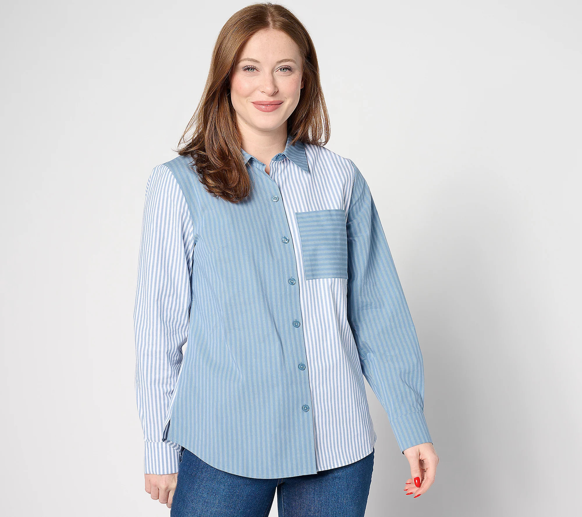 As Is Joan Rivers Mixed Stripe Button Front Boyfriend Shirt | QVC