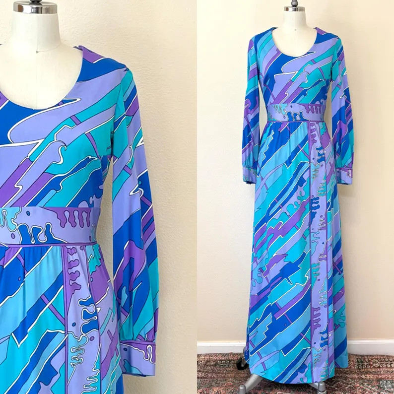 Vintage 70s Mod Maxi Dress, 1970s Nancy Bright Mod Psychedelic Print Dress, Lounge Dress, Enterta... | Etsy (Global)