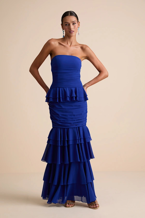 Loni Blue Strapless Ruffled Maxi Dress | Lulus