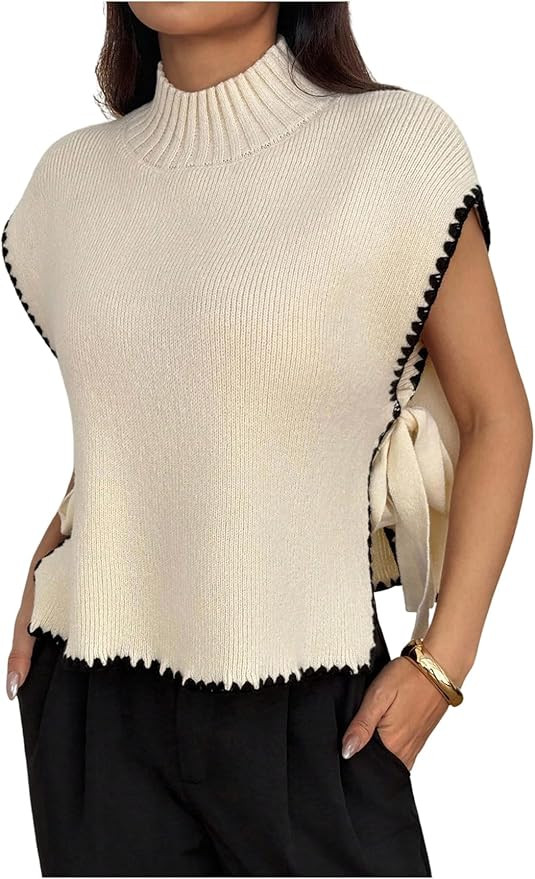 Verdusa Women's Old Money Sweater Tie Knot Slit Sweater Vest Mock Neck Cap Sleeve Lightweight Kni... | Amazon (US)
