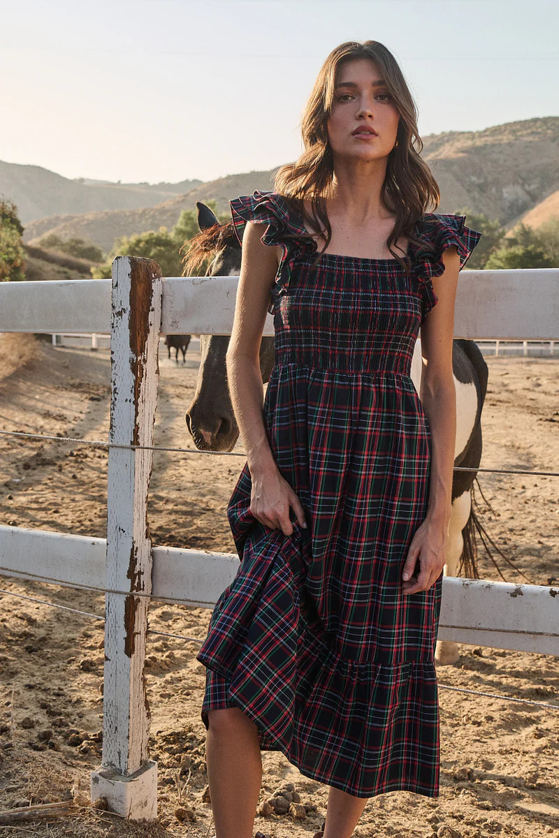 Chapman Plaid Girona Smocked Ruffle Midi Dress | Sugarlips