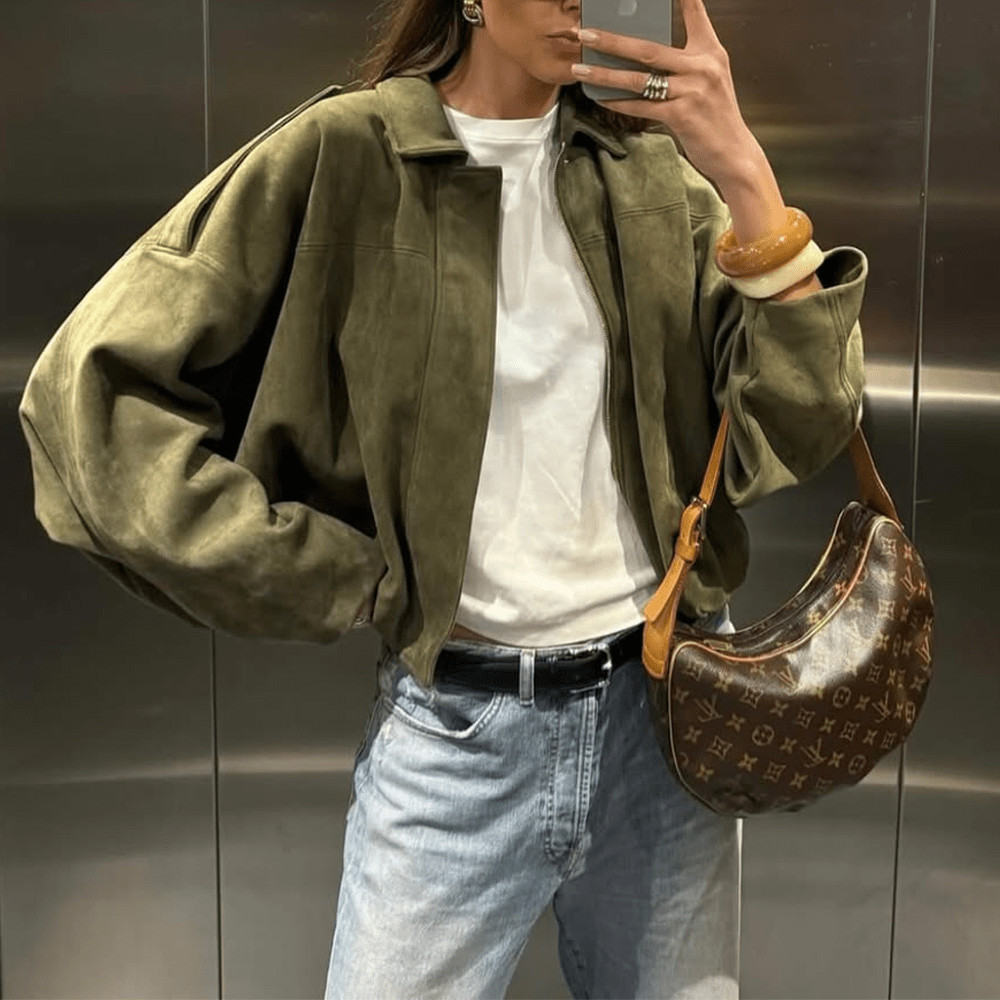 2025 Women Solid Color Faux Suede Oversized Bomber Jacket, Casual Lapel Thin Coat | SHEIN