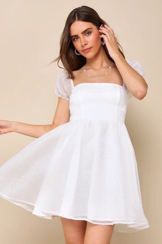 Sweetest Grace Shiny White Organza Puff Sleeve Mini Dress | Lulus
