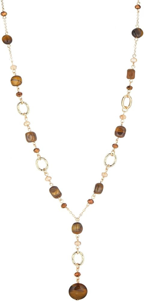 Long Gold Beaded Necklaces for Women Natural Stone Bead Statement Pendant Necklace Y Sweater Chai... | Amazon (US)
