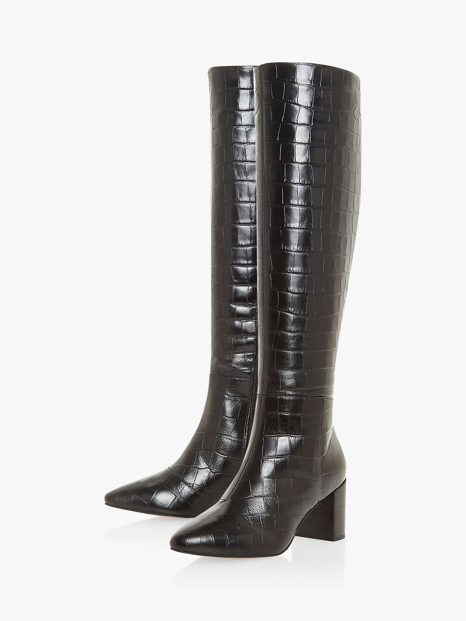 Dune Saffia Leather Croc Print Knee High Boots, Black | John Lewis (UK)