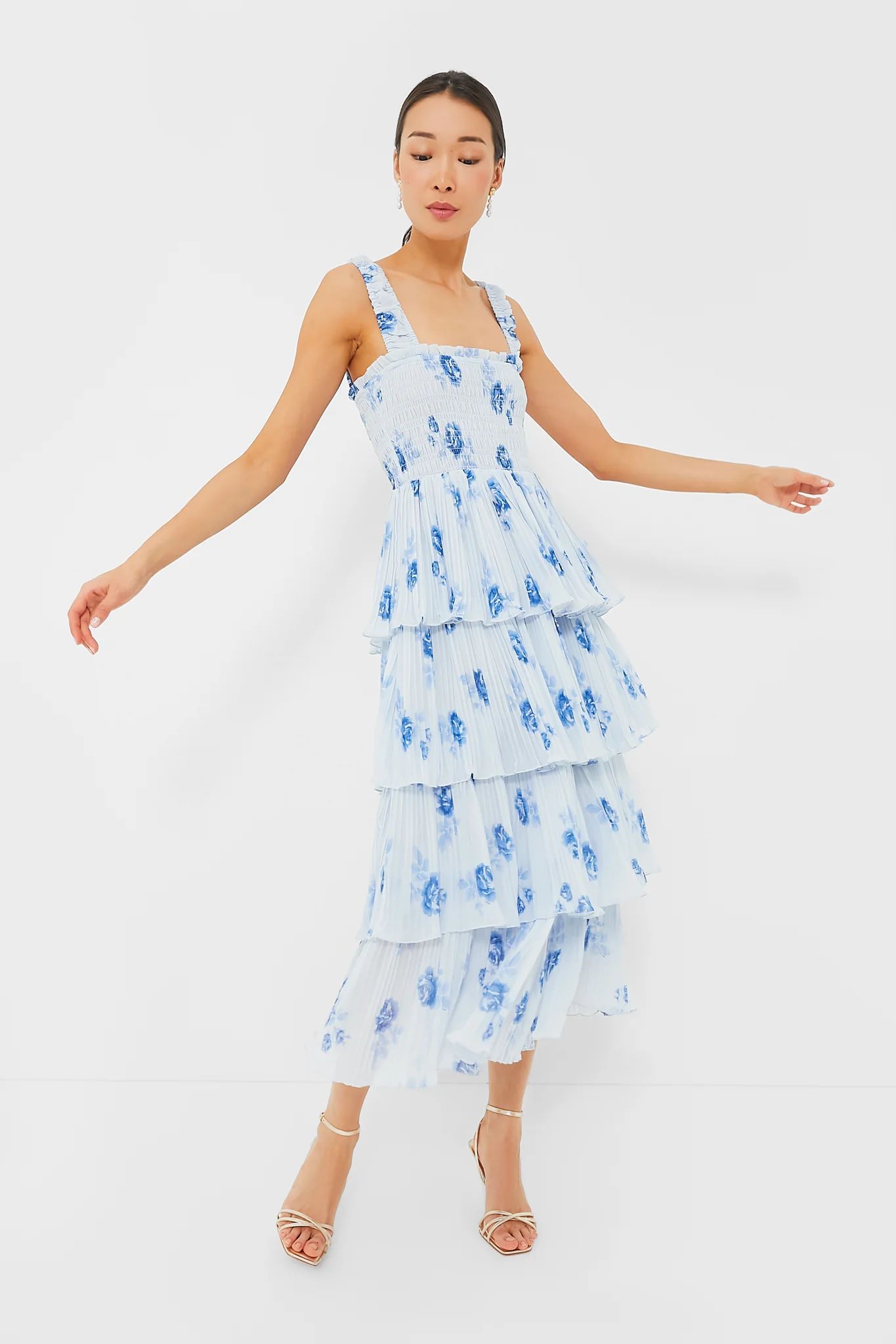 Heather Pleated Georgette Smock Midi Strap Dress | Tuckernuck (US)