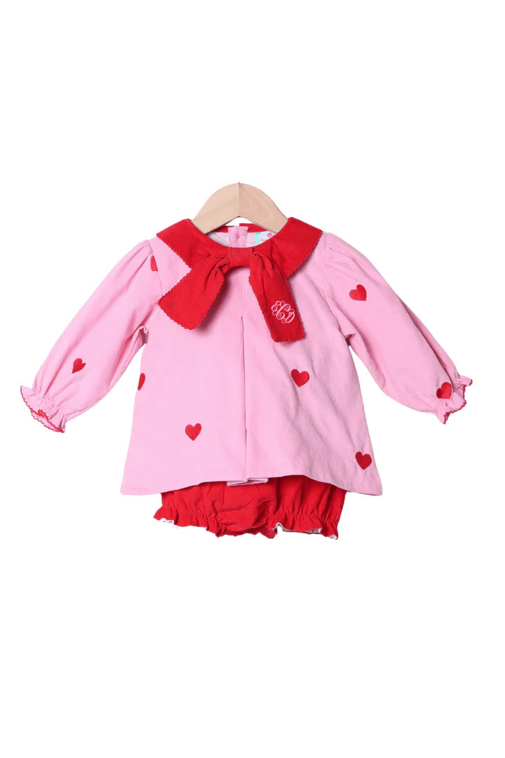 Embroidered Hearts Pink and Red Corduroy Skirted Bubble | The Smocked Flamingo