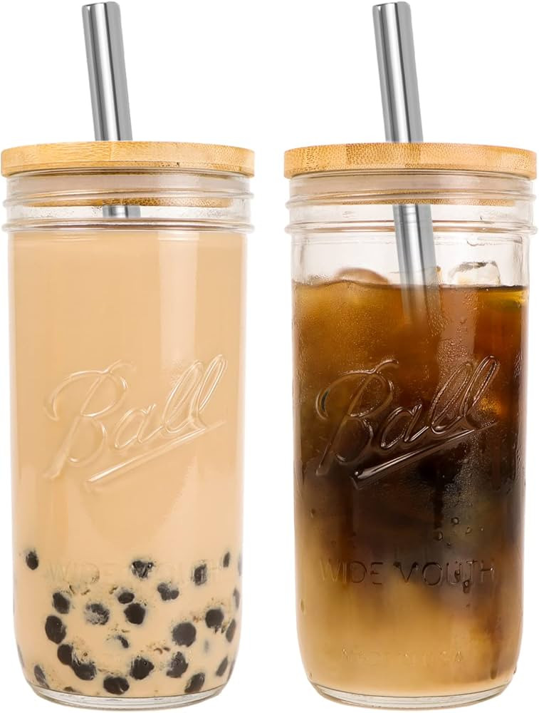 GARNETIN 2 Pack Glass Cups Set, 24 oz Mason Jar Glasses Tumbler Iced Coffee Cup with Bamboo Lids ... | Amazon (US)
