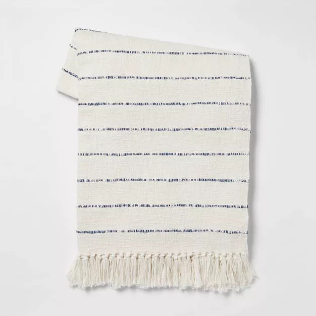 Cotton Woven Striped Throw Blanket with Frayed Edges Cream/Navy - Threshold™ | Target