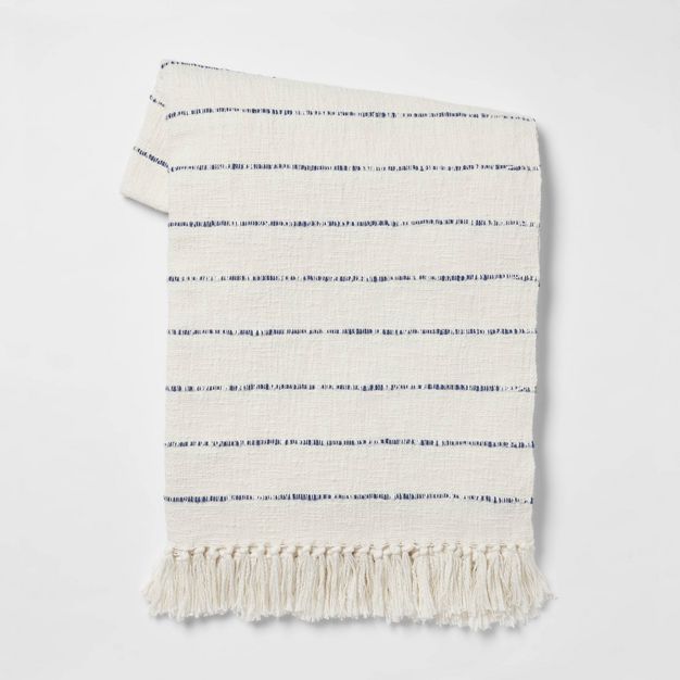 Cotton Woven Striped Throw Blanket with Frayed Edges Cream/Navy - Threshold™ | Target