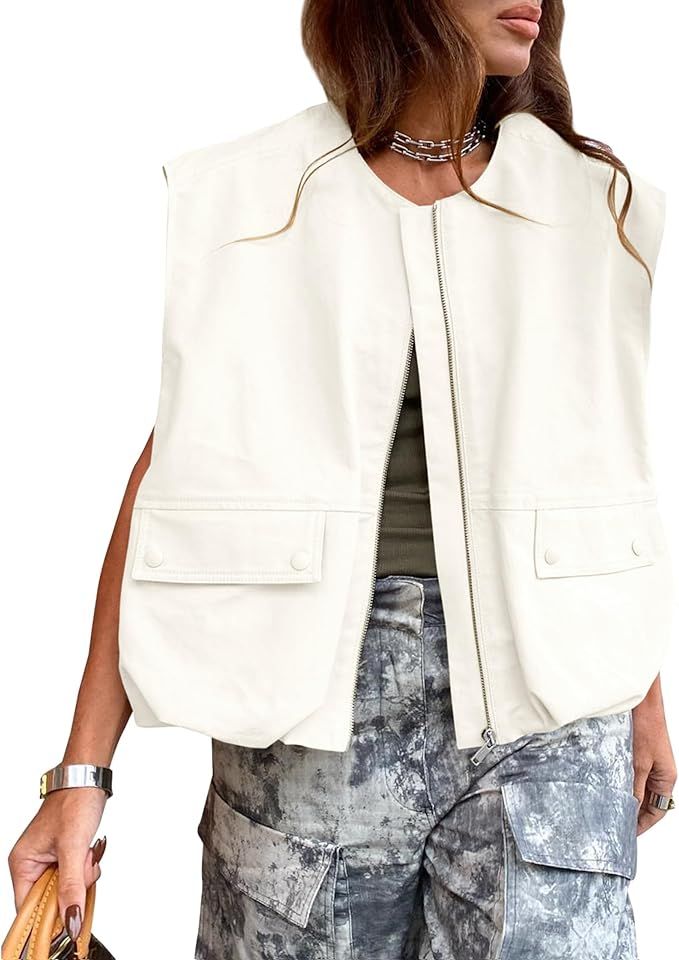 Women's Casual Cargo Vest Oversized Sleevelss Zip Up Ruched Hem Tops with Pockets | Amazon (US)