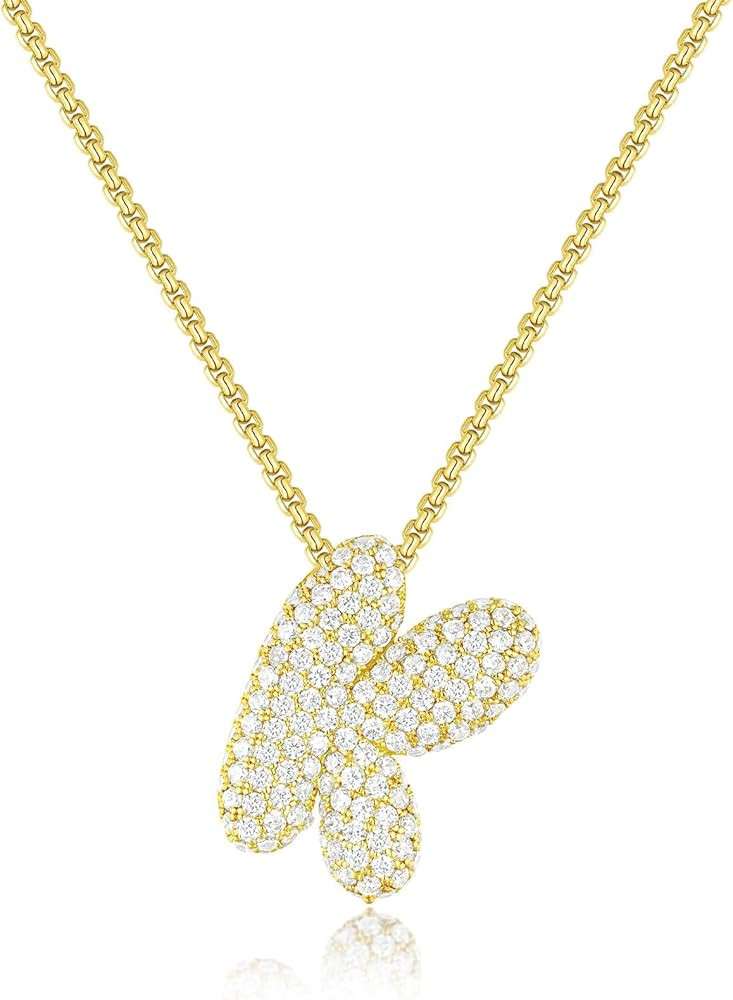 KissYan Bubble Letter Necklace, 14K Gold Plated Balloon Initial Pendant Box Chain Necklace Dainty... | Amazon (US)