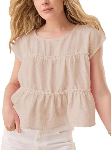 Wanzetaly Women's Summer Tops Striped Shirts Crewneck Cap Sleeve Babydoll Pleated Peplum Blouse | Amazon (US)