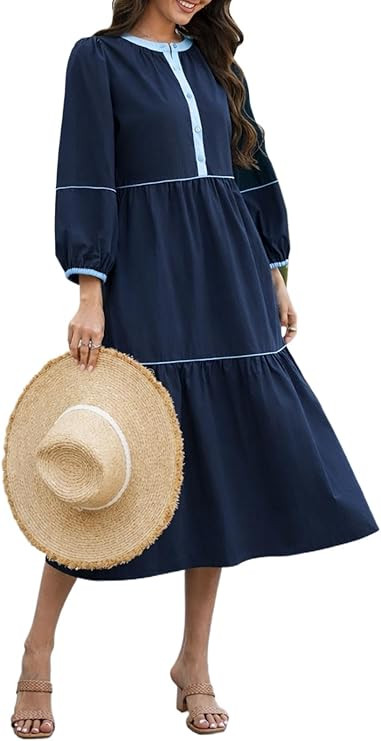 LifeShe Womens Maxi Dress 3/4 Puff Sleeves Button Front Long Dresses Pullover Tiered Sundress | Amazon (US)