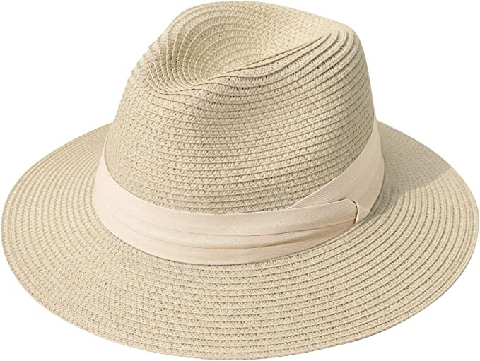 Lanzom Women Wide Brim Straw Panama Roll up Hat Fedora Beach Sun Hat UPF50+ | Amazon (US)