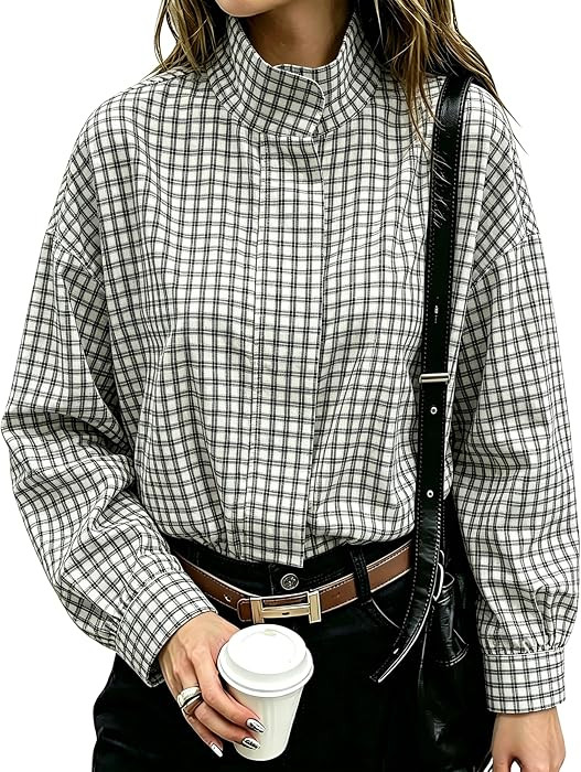 Women Oversized Cropped Gingham Jacket Zip Up Stand Collar with Batwing Sleeves Casual Coat Spring Fall | Amazon (US)