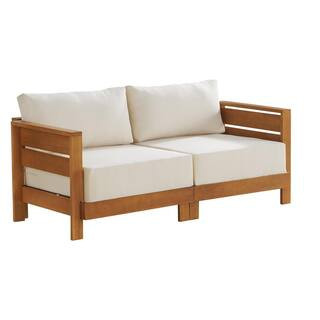 Barton Wood Weather-Resistant 2-Person Outdoor Loveseat with Stain-Resistant and Fade-Proof White Cushions | The Home Depot